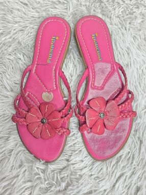 Y2k Ipanema Pink Leather Floral Braided Sandals Made in Brazil Size 7